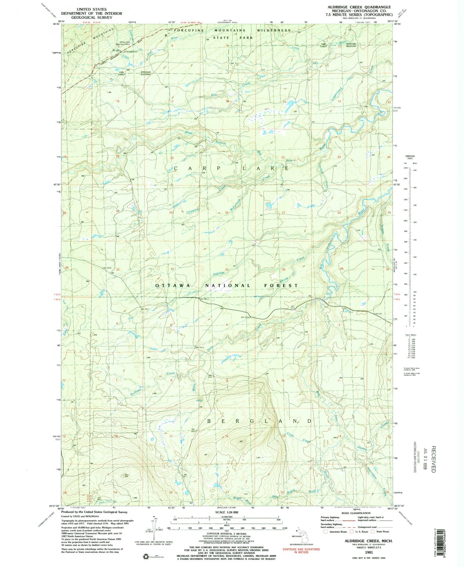 Classic USGS Aldridge Creek Michigan 7.5'x7.5' Topo Map Image