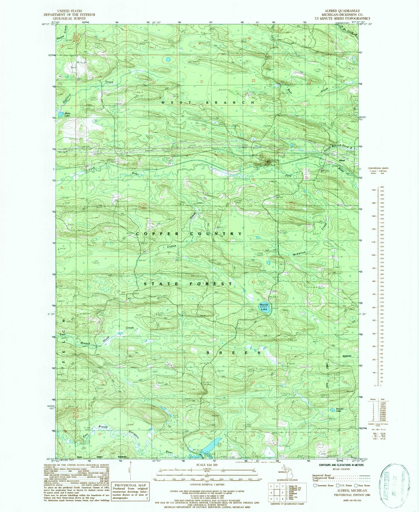Classic USGS Alfred Michigan 7.5'x7.5' Topo Map Image