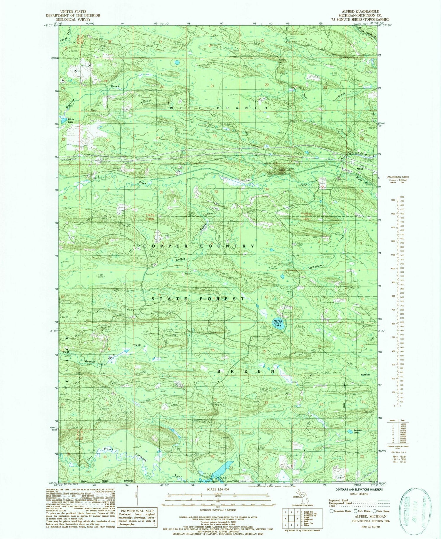 Classic USGS Alfred Michigan 7.5'x7.5' Topo Map Image