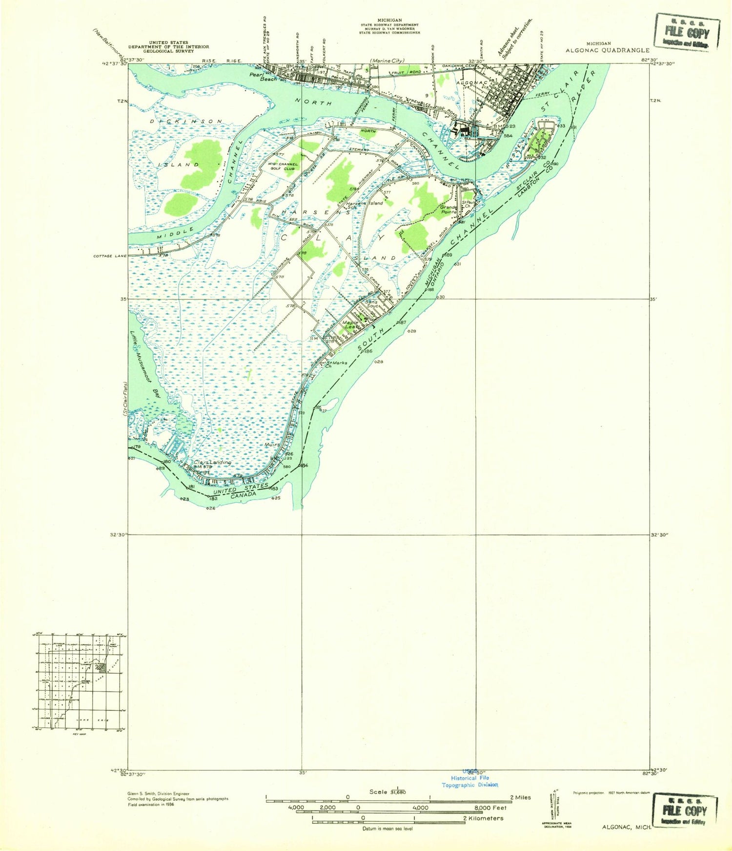 Classic USGS Algonac Michigan 7.5'x7.5' Topo Map Image