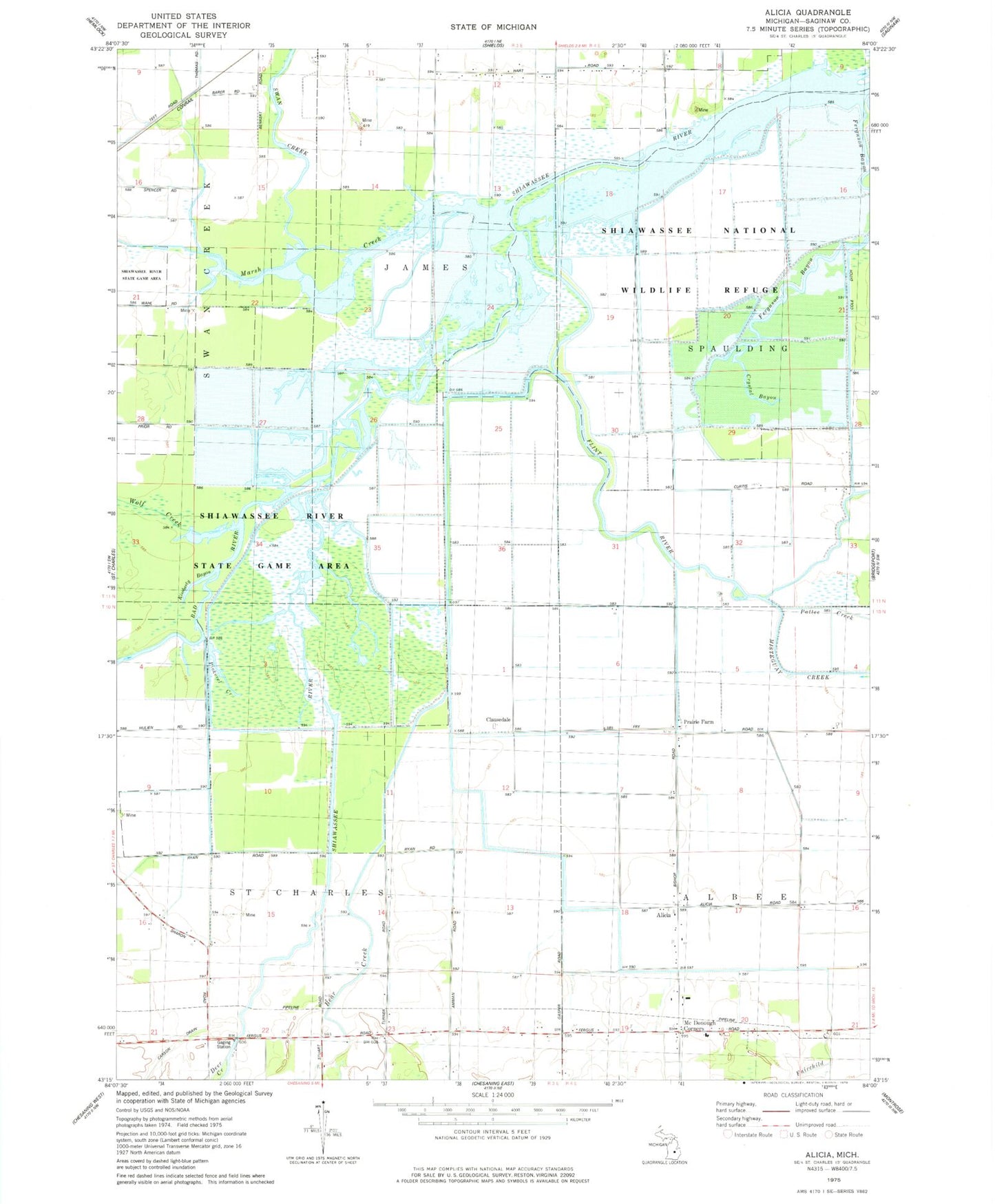 Classic USGS Alicia Michigan 7.5'x7.5' Topo Map Image