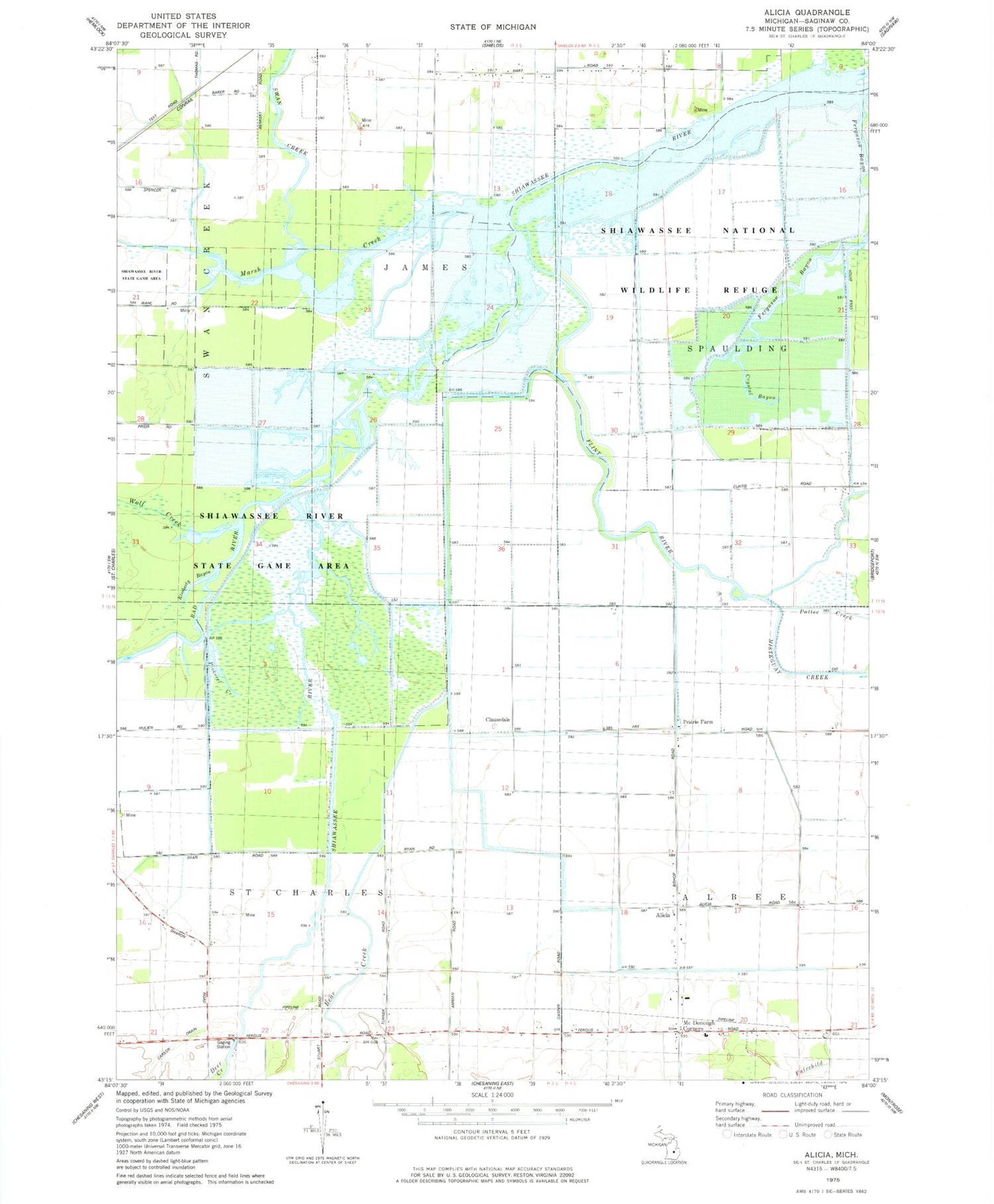 Classic USGS Alicia Michigan 7.5'x7.5' Topo Map Image
