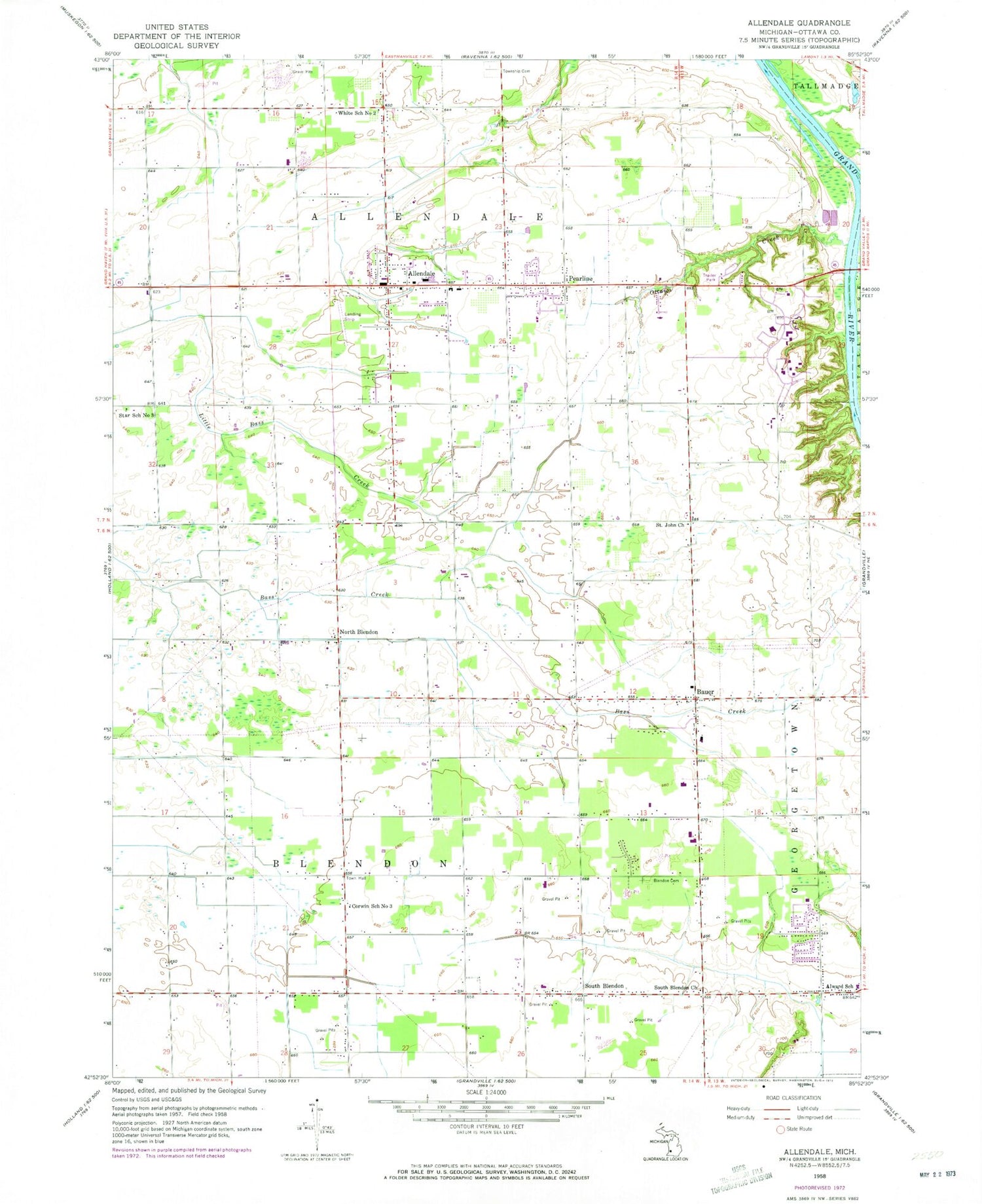 Classic USGS Allendale Michigan 7.5'x7.5' Topo Map Image