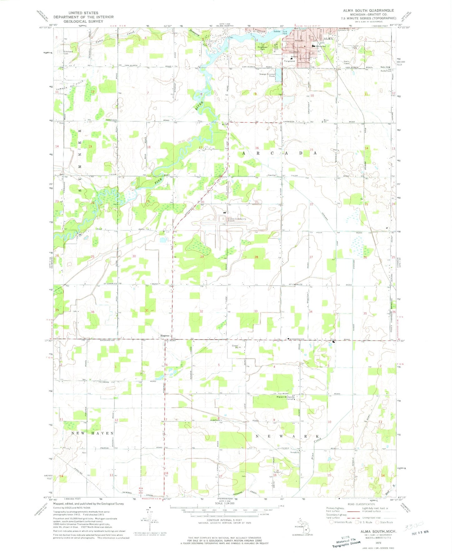 Classic USGS Alma South Michigan 7.5'x7.5' Topo Map Image