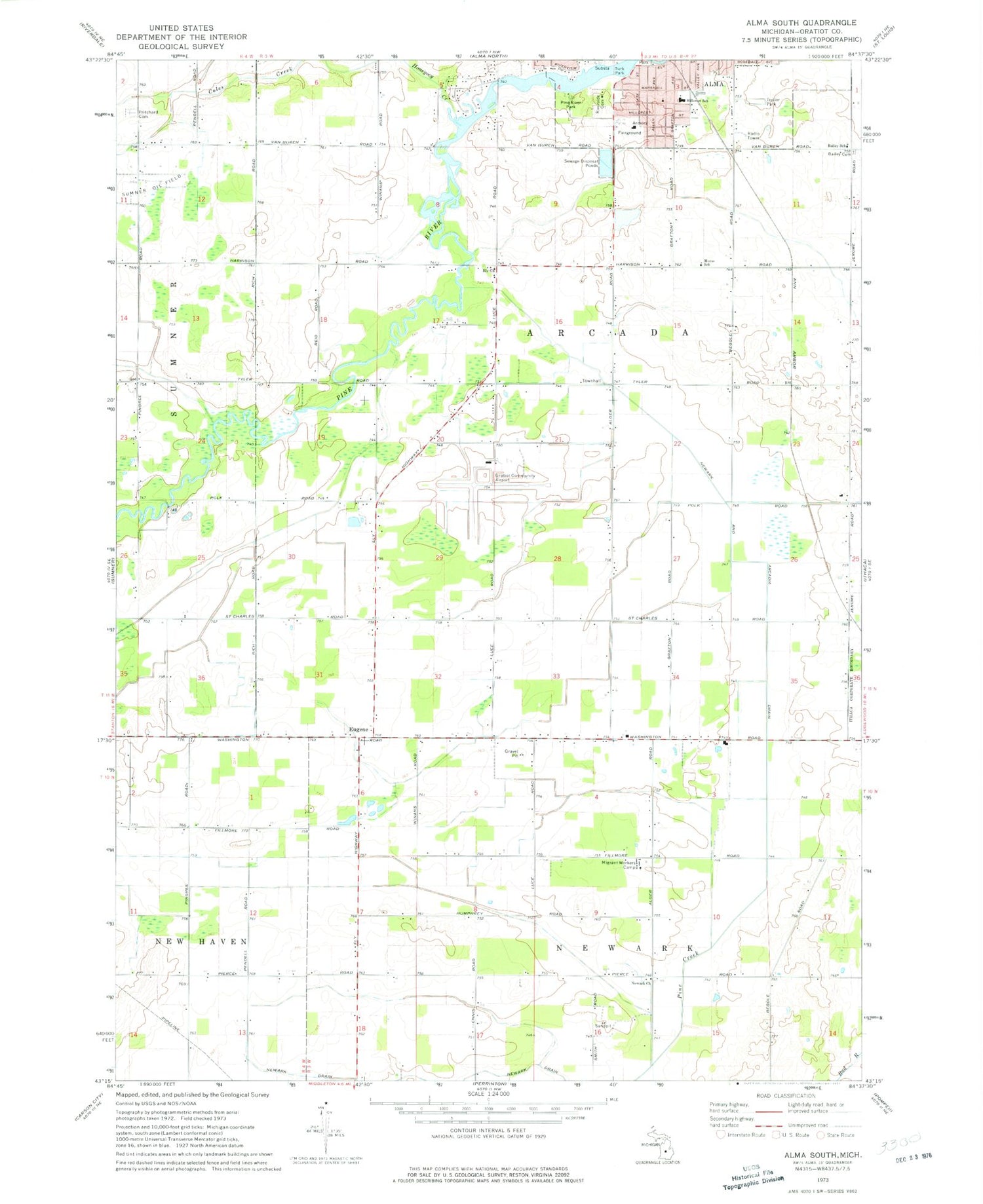 Classic USGS Alma South Michigan 7.5'x7.5' Topo Map Image