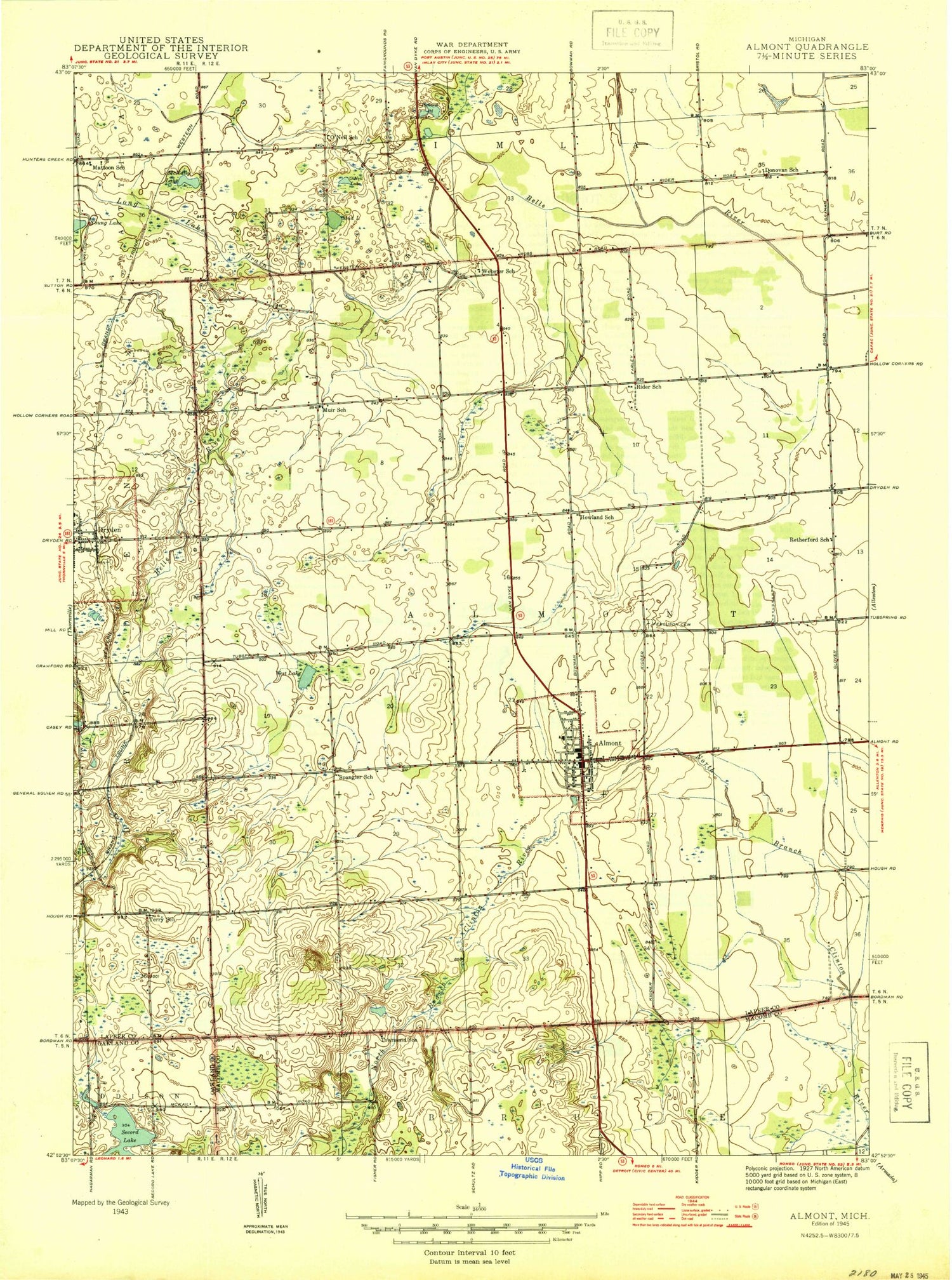Classic USGS Almont Michigan 7.5'x7.5' Topo Map Image