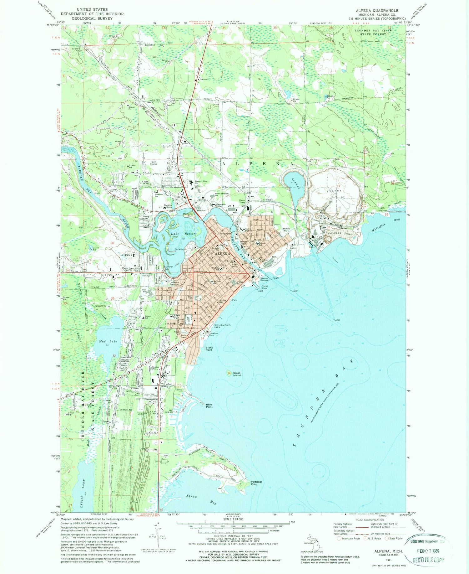 Classic USGS Alpena Michigan 7.5'x7.5' Topo Map Image