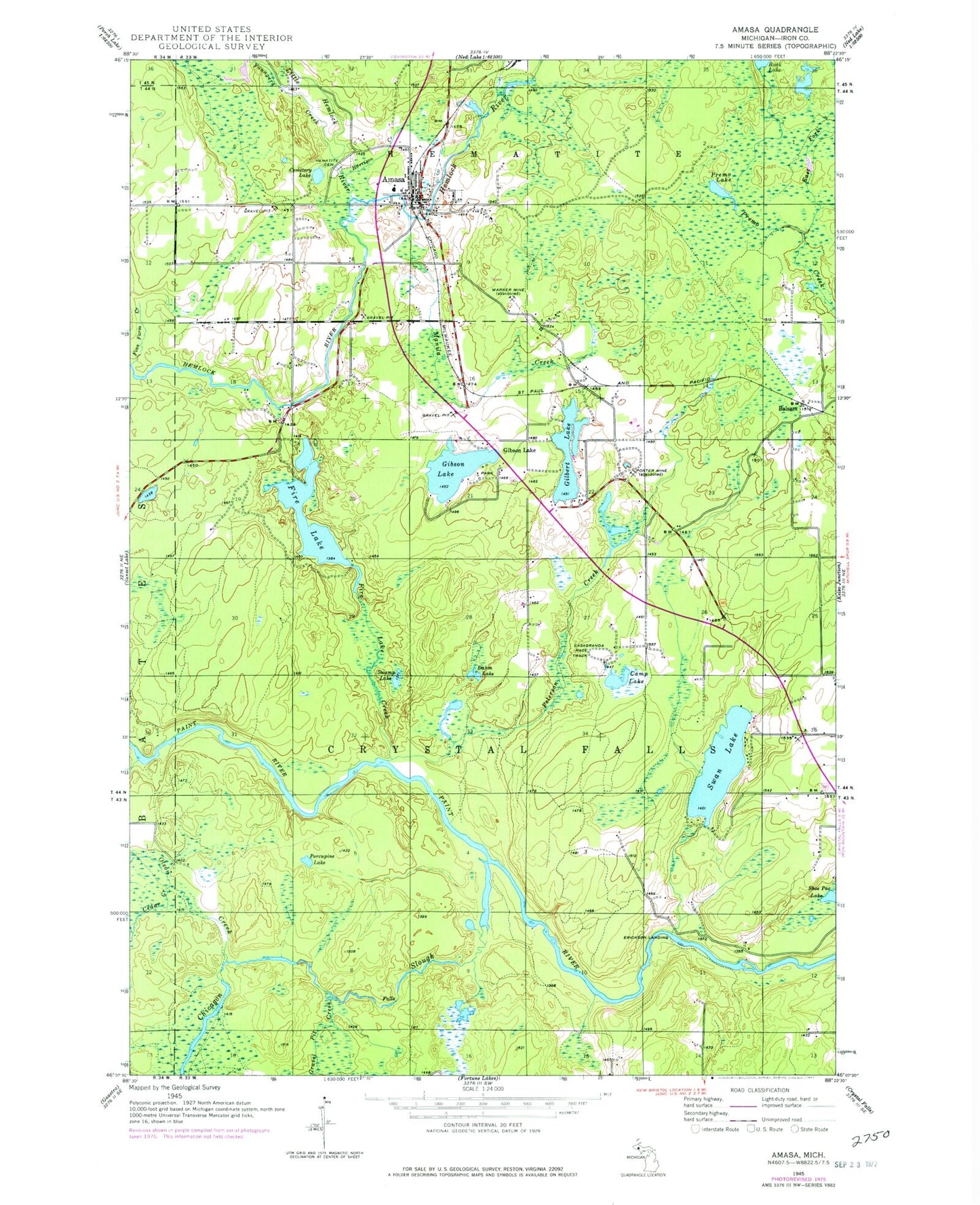 Classic USGS Amasa Michigan 7.5'x7.5' Topo Map Image