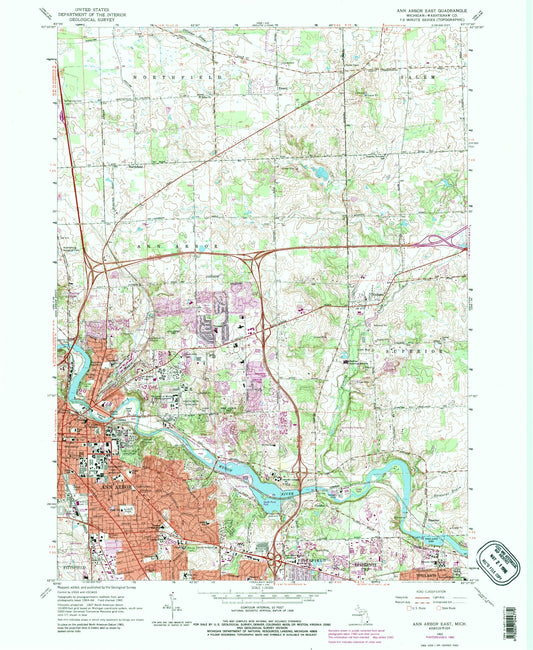 Classic USGS Ann Arbor East Michigan 7.5'x7.5' Topo Map Image