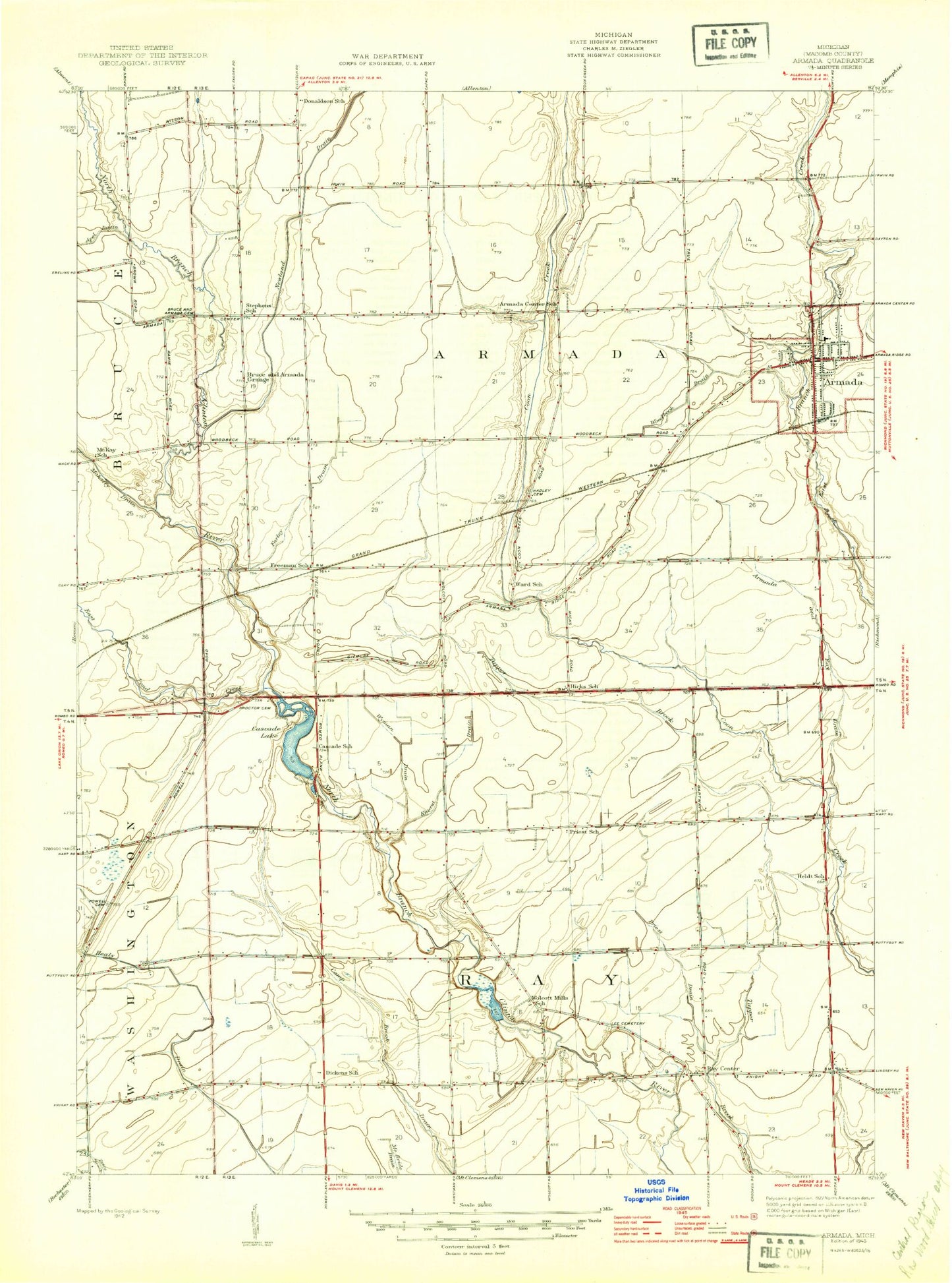 Classic USGS Armada Michigan 7.5'x7.5' Topo Map Image