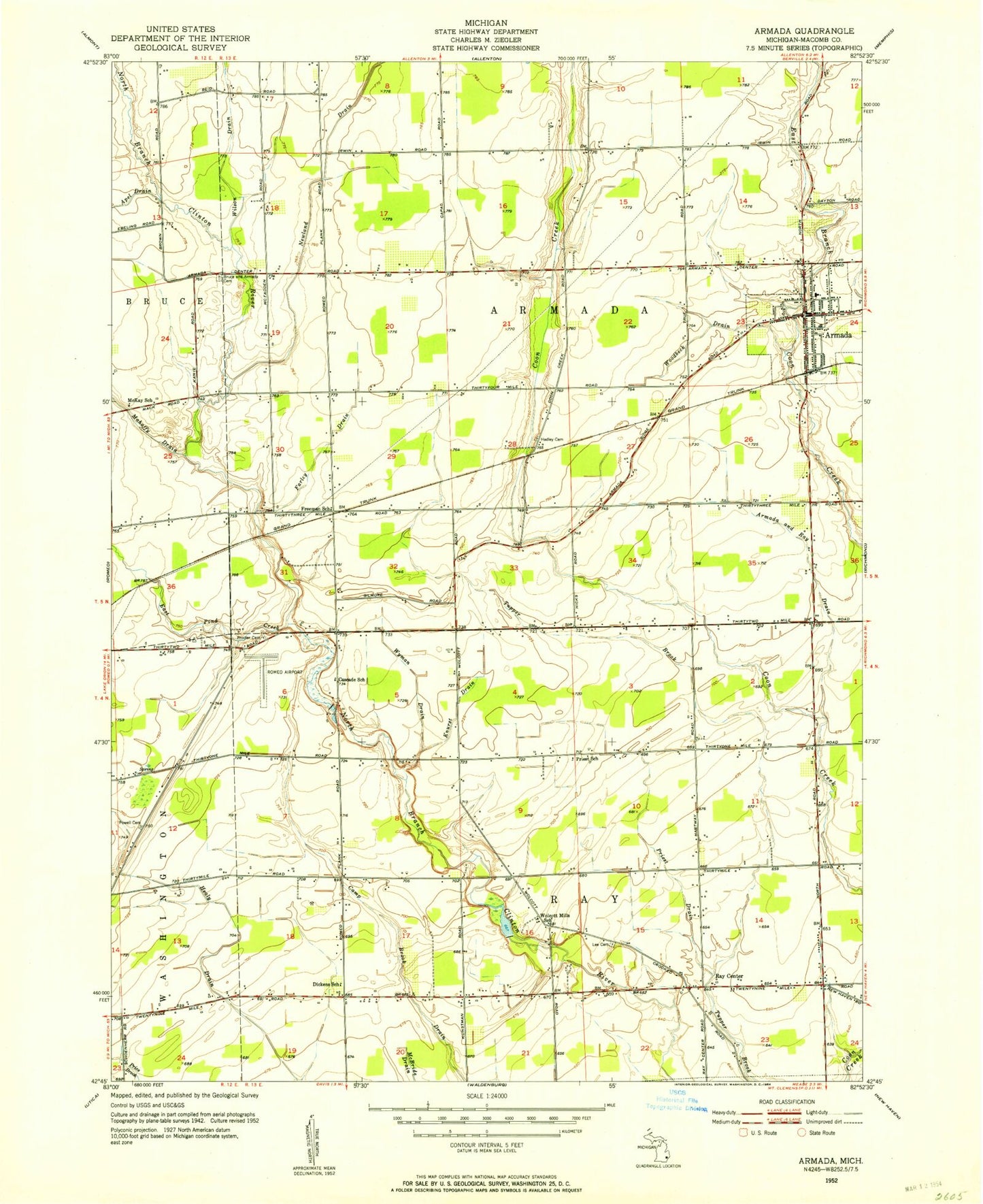 Classic USGS Armada Michigan 7.5'x7.5' Topo Map Image