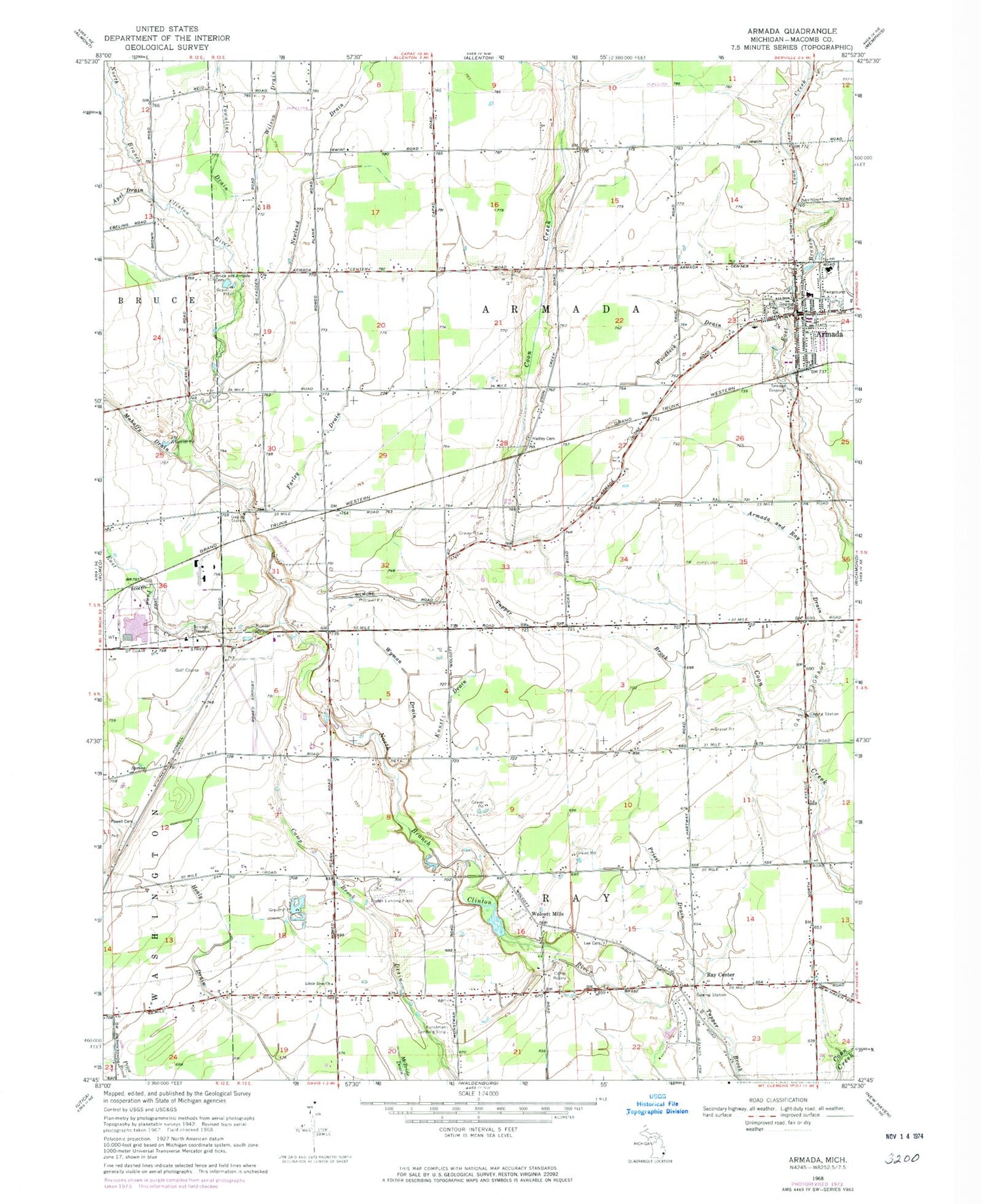 Classic USGS Armada Michigan 7.5'x7.5' Topo Map Image