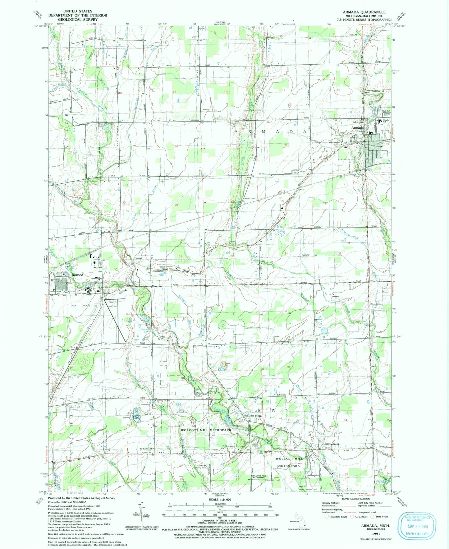 Classic USGS Armada Michigan 7.5'x7.5' Topo Map Image