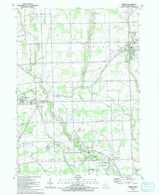 Classic USGS Armada Michigan 7.5'x7.5' Topo Map Image