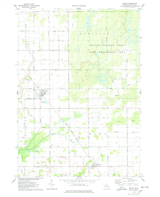 Classic USGS Ashley Michigan 7.5'x7.5' Topo Map Image