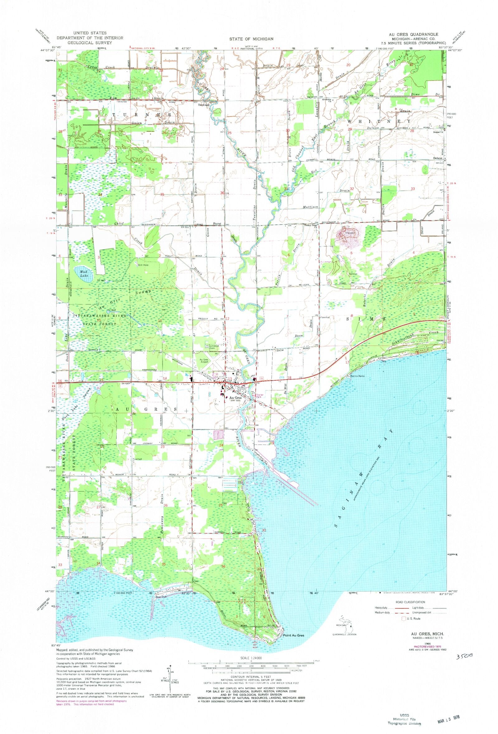 Classic USGS Au Gres Michigan 7.5'x7.5' Topo Map MyTopo Map Store