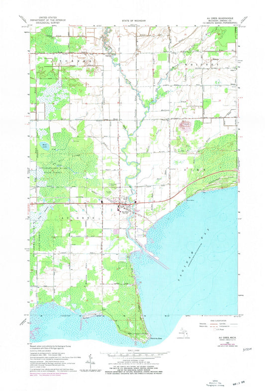 Classic USGS Au Gres Michigan 7.5'x7.5' Topo Map Image