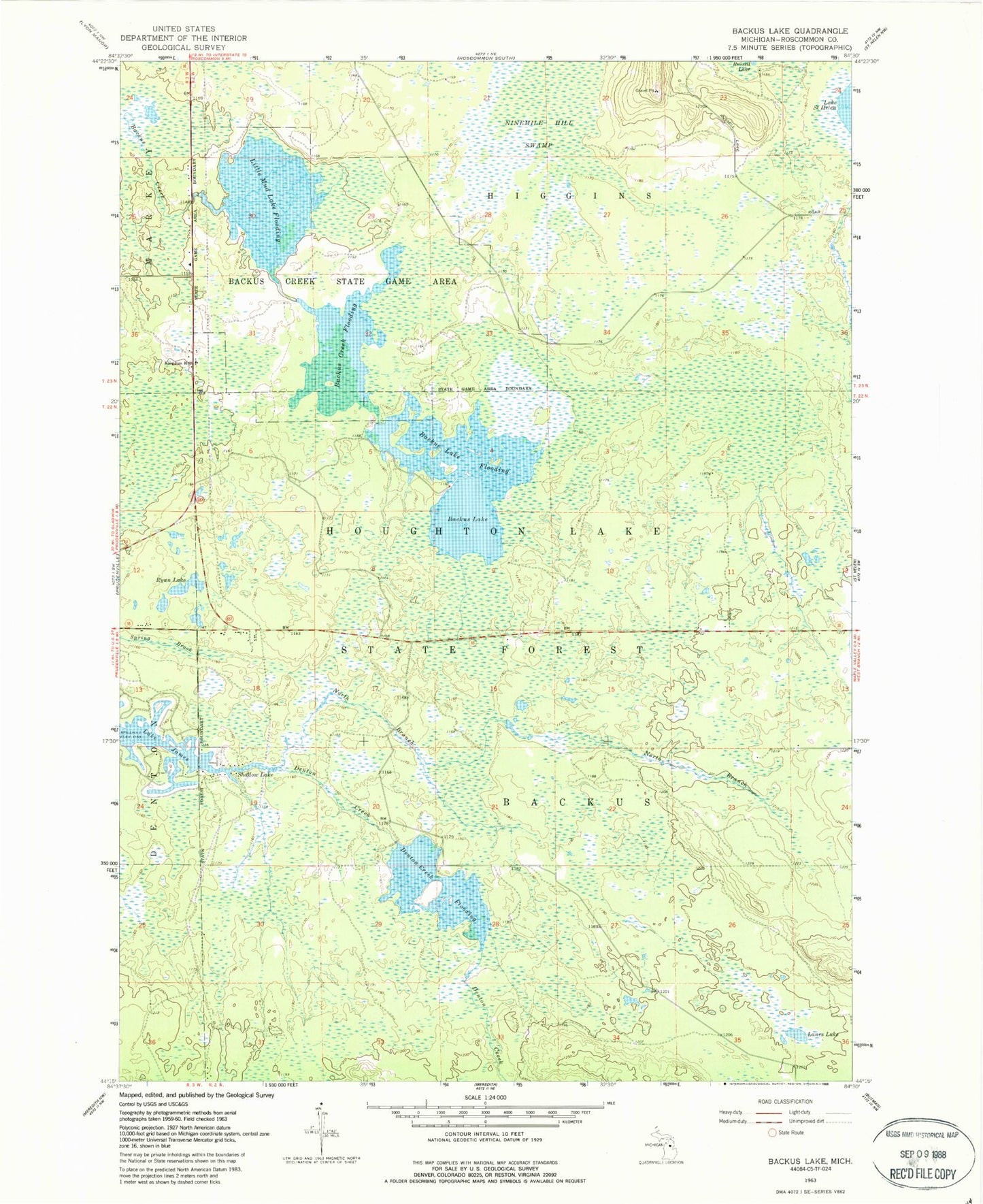 Classic USGS Backus Lake Michigan 7.5'x7.5' Topo Map Image