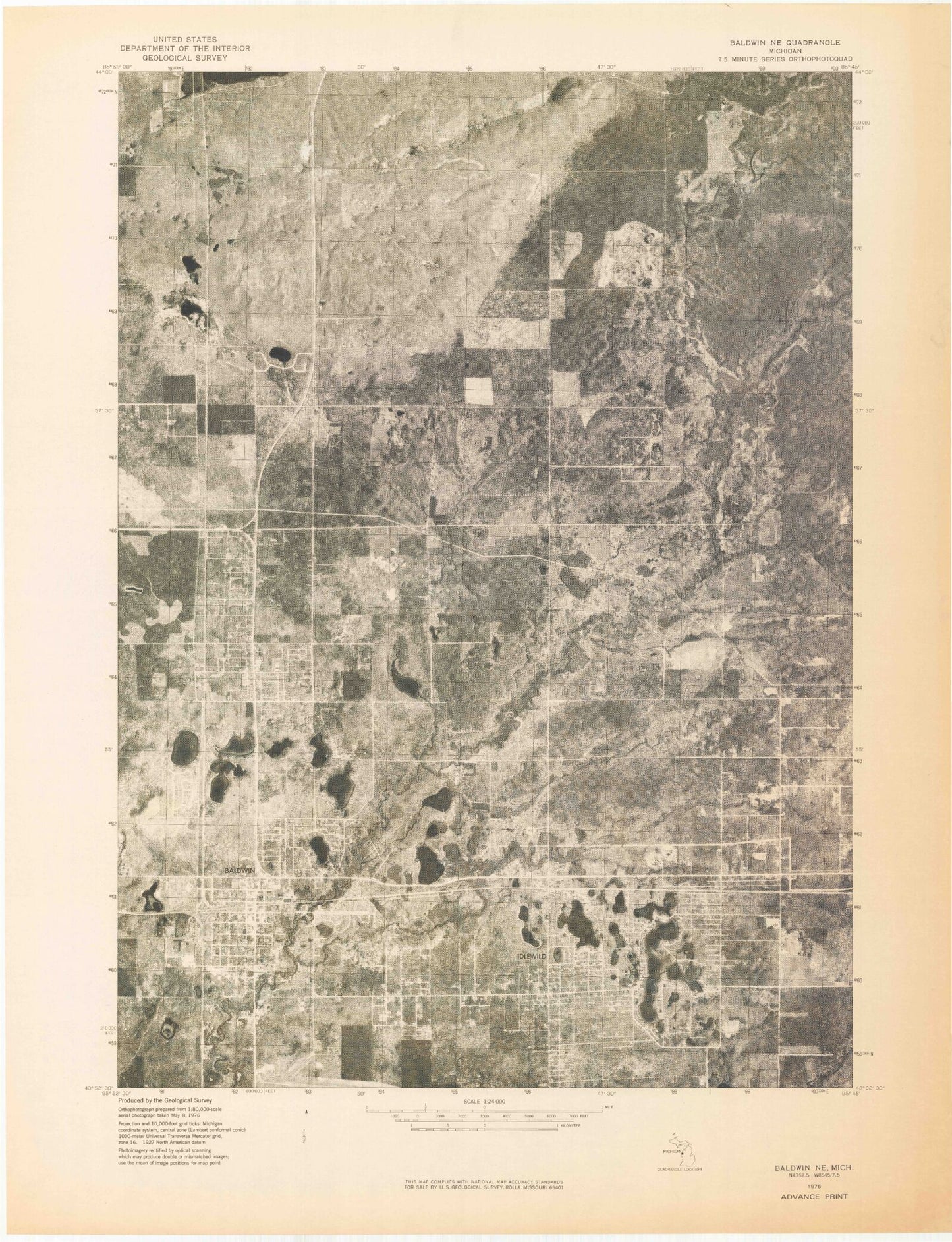 Classic USGS Baldwin Michigan 7.5'x7.5' Topo Map Image