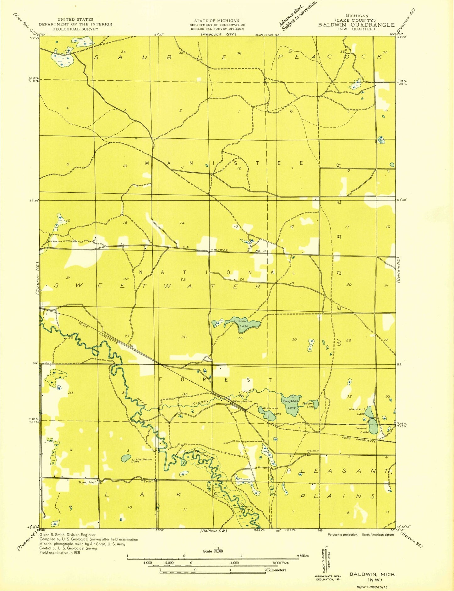 Classic USGS Townsend Lake Michigan 7.5'x7.5' Topo Map Image