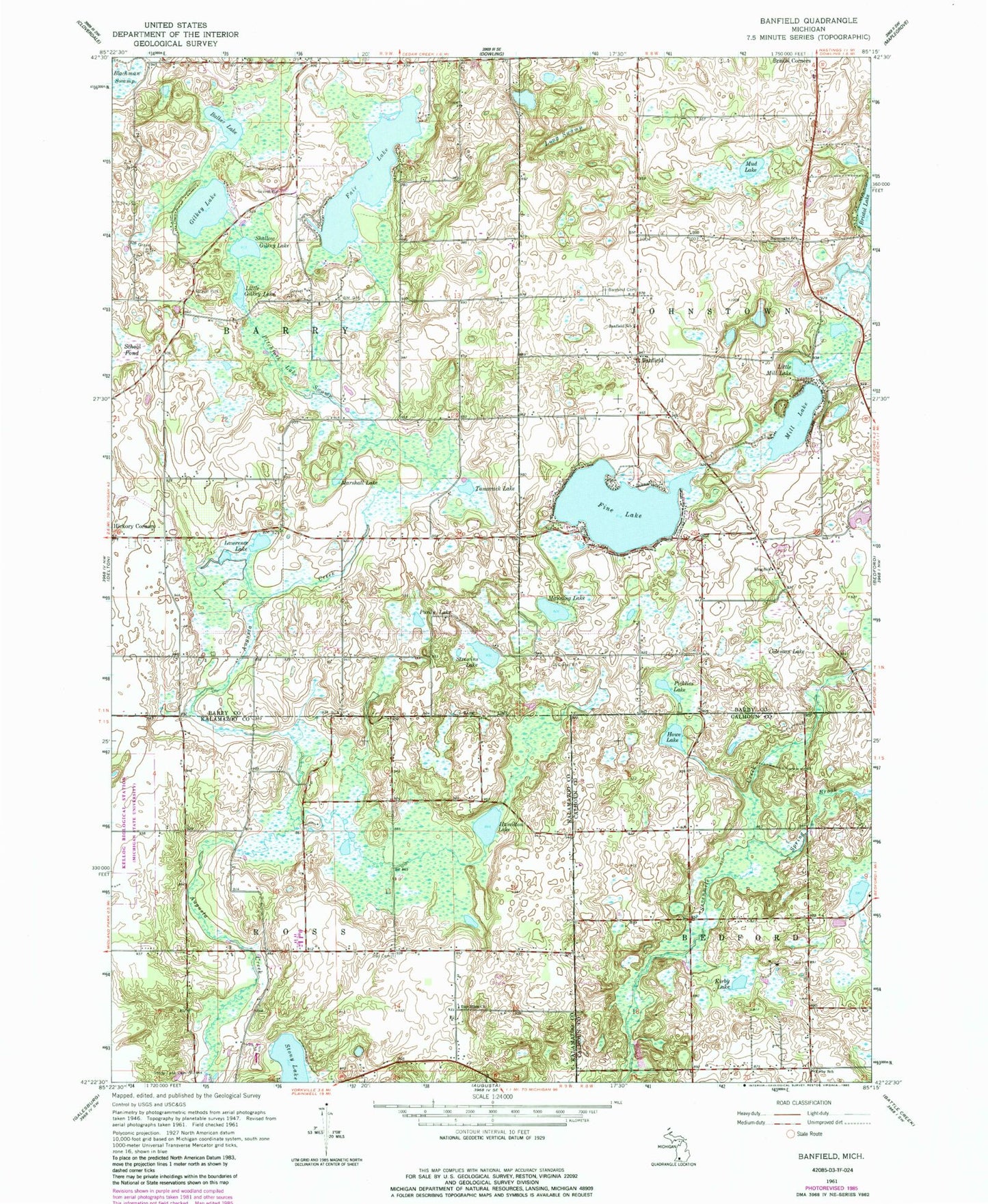 Classic USGS Banfield Michigan 7.5'x7.5' Topo Map Image