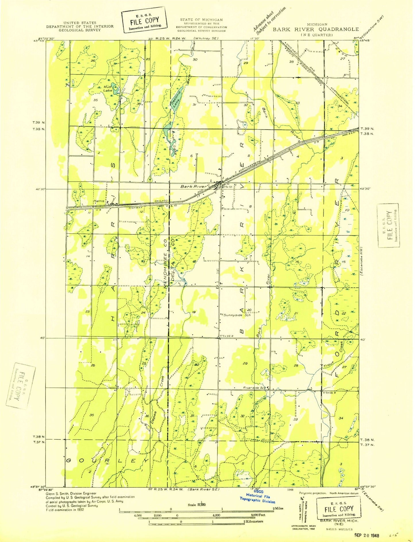 Classic USGS Bark River Michigan 7.5'x7.5' Topo Map Image