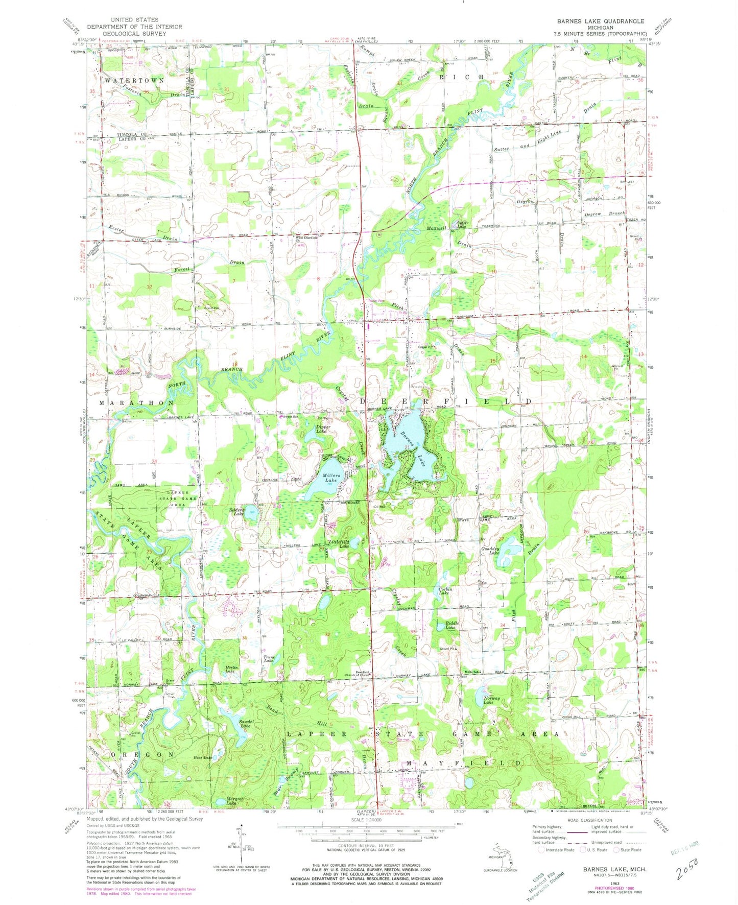 Classic USGS Barnes Lake Michigan 7.5'x7.5' Topo Map Image