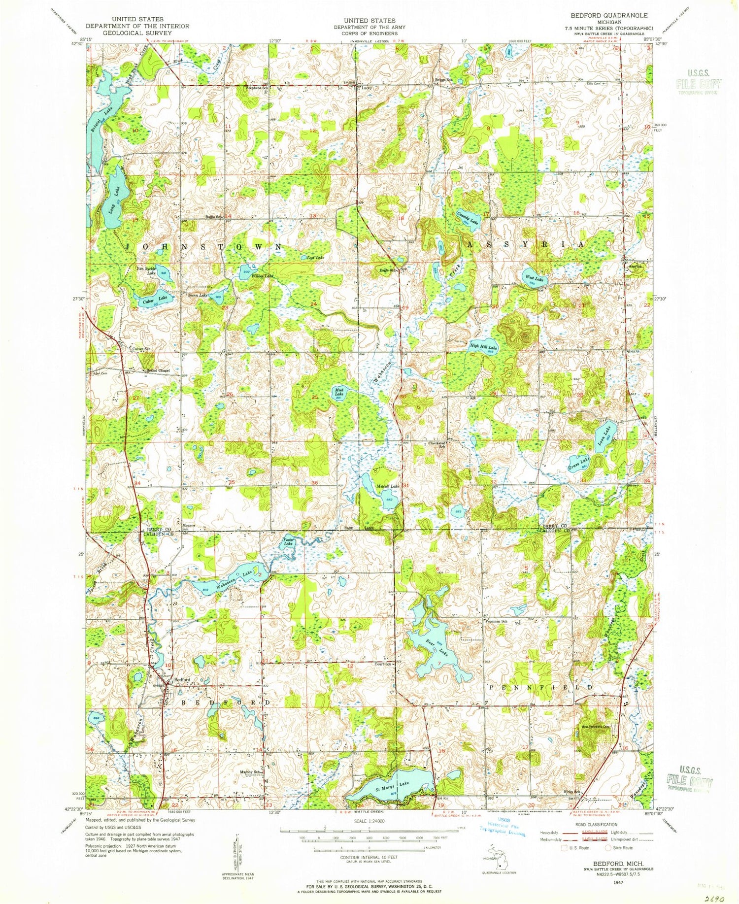 Classic USGS Bedford Michigan 7.5'x7.5' Topo Map Image
