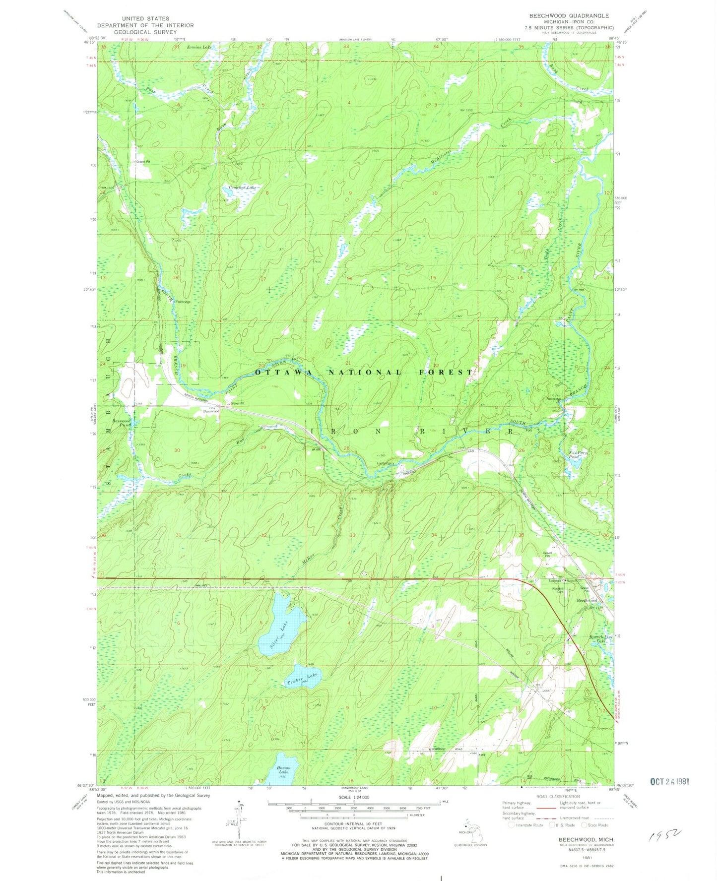 Classic USGS Beechwood Michigan 7.5'x7.5' Topo Map Image