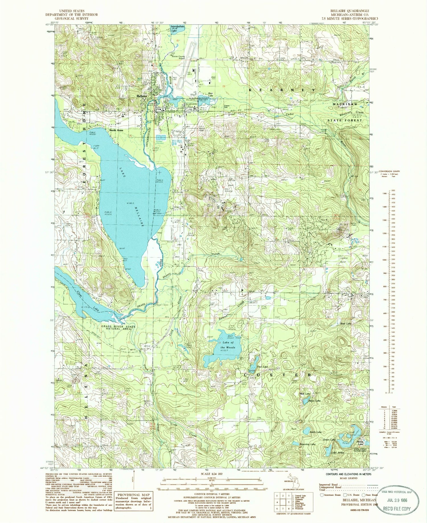 Classic USGS Bellaire Michigan 7.5'x7.5' Topo Map Image
