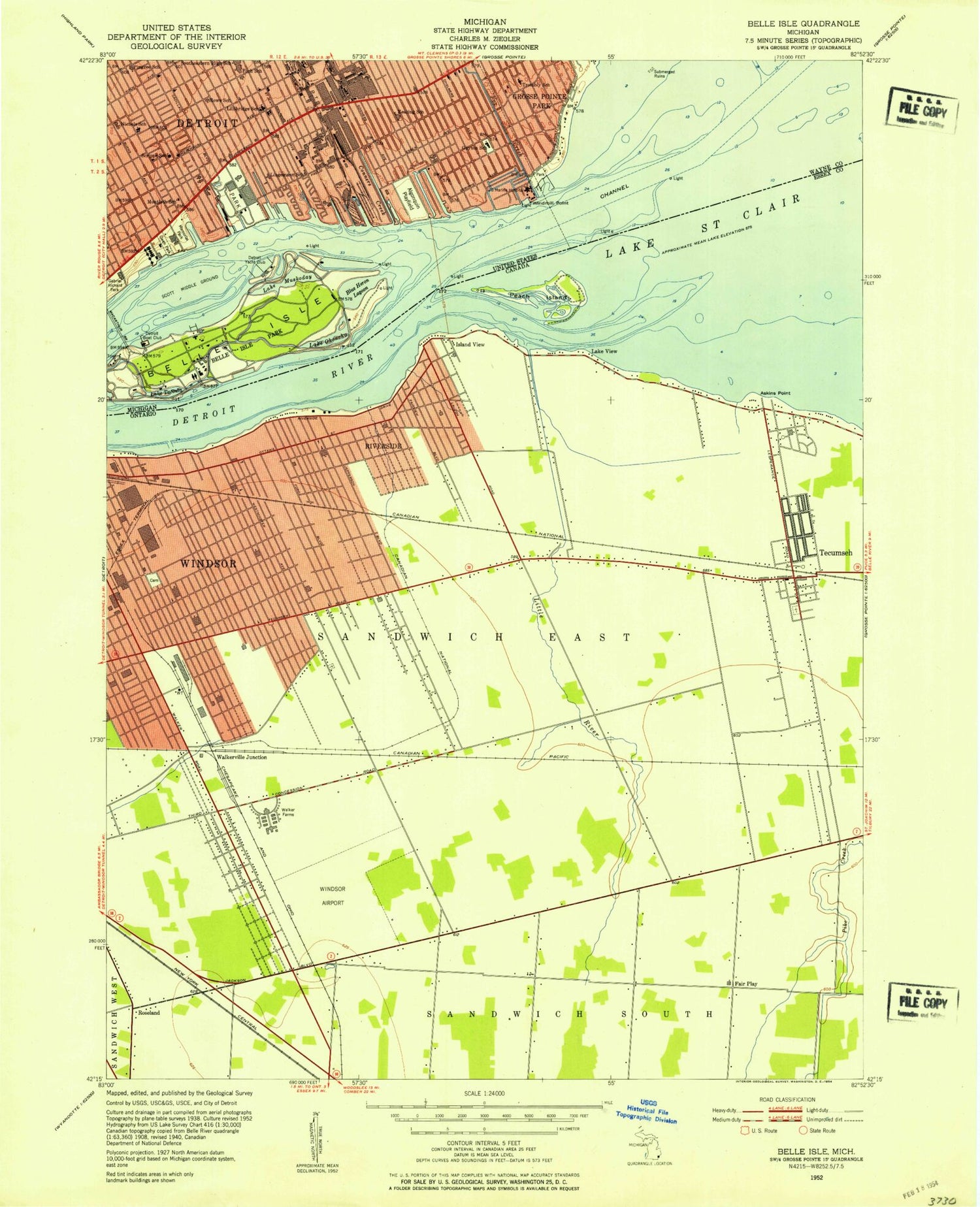 Classic USGS Belle Isle Michigan 7.5'x7.5' Topo Map Image
