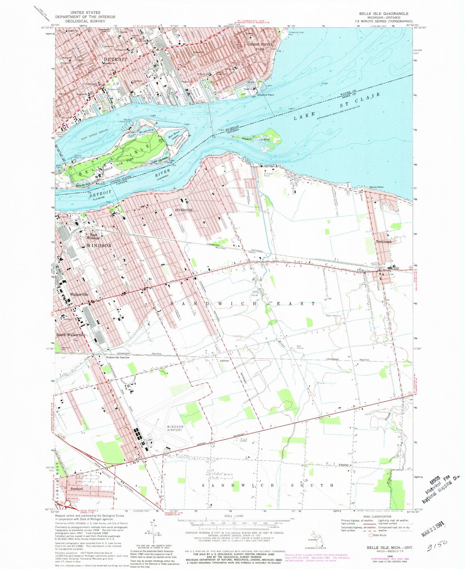 Classic USGS Belle Isle Michigan 7.5'x7.5' Topo Map Image