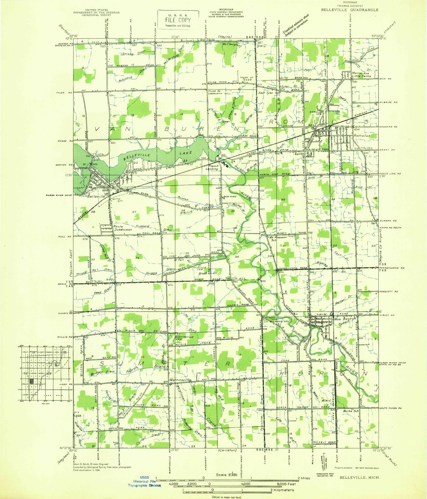 Classic USGS Belleville Michigan 7.5'x7.5' Topo Map Image