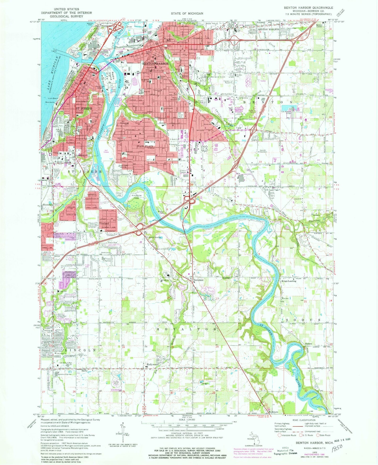 Classic USGS Benton Harbor Michigan 7.5'x7.5' Topo Map Image