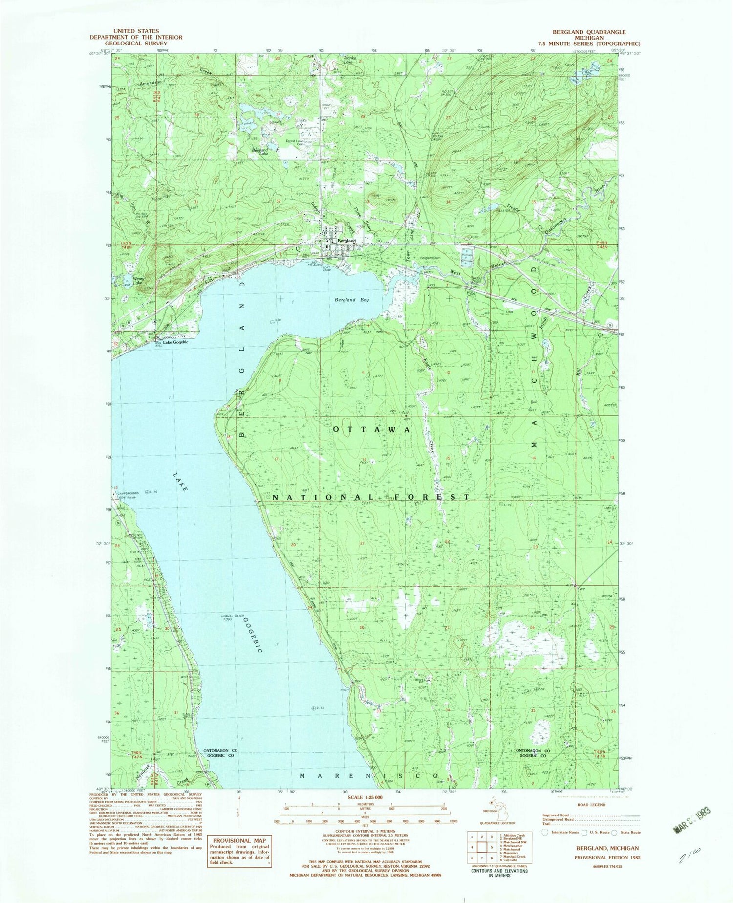 Classic USGS Bergland Michigan 7.5'x7.5' Topo Map Image