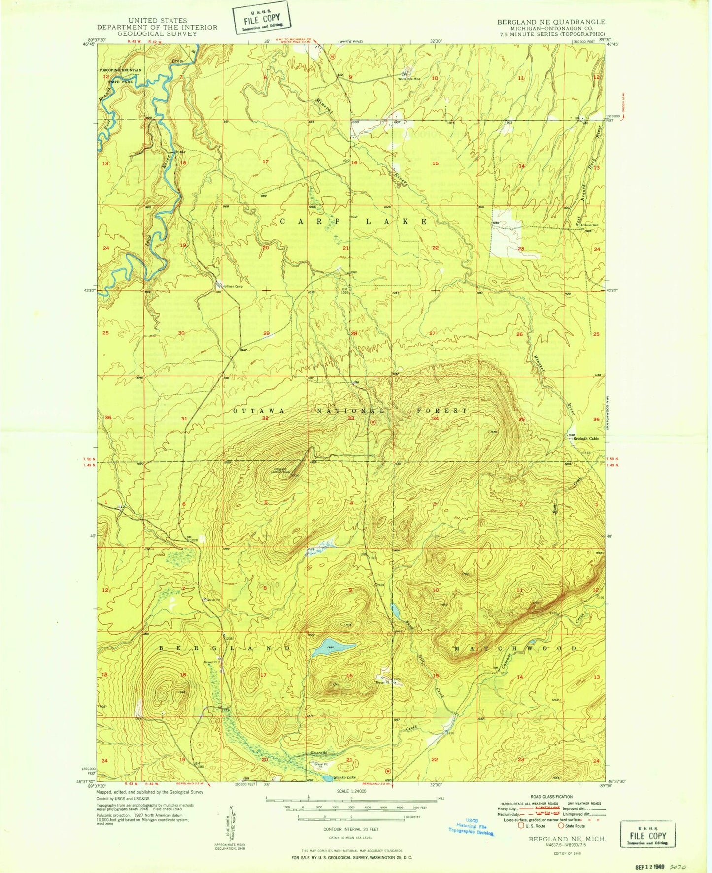 Classic USGS Bergland NE Michigan 7.5'x7.5' Topo Map Image