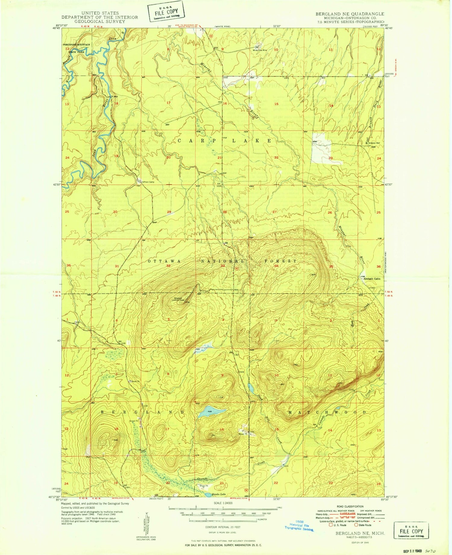 Classic USGS Bergland NE Michigan 7.5'x7.5' Topo Map Image