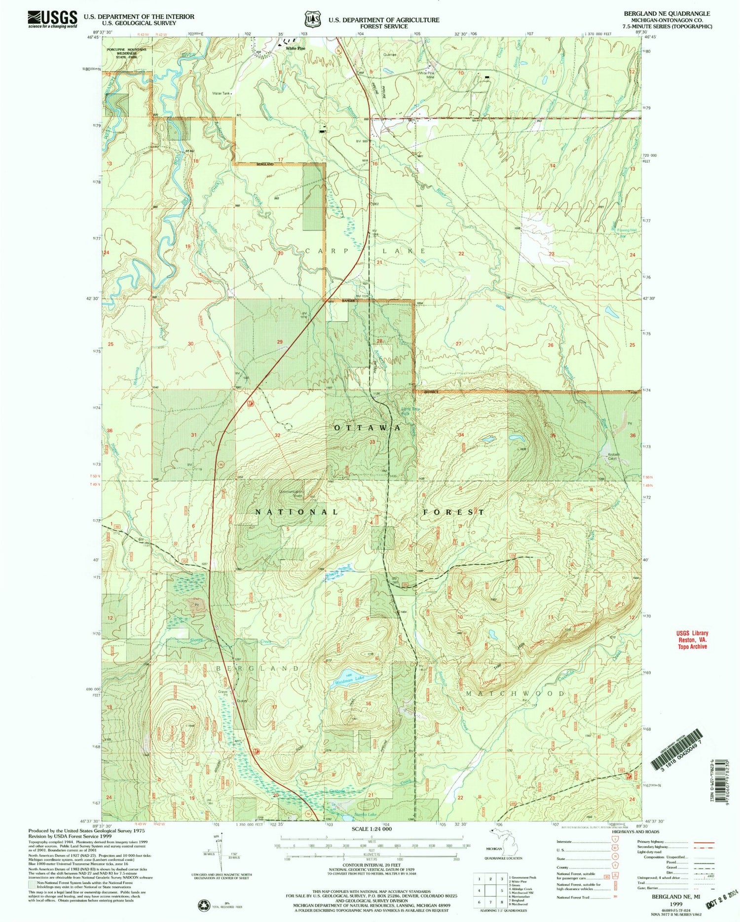 Classic USGS Bergland NE Michigan 7.5'x7.5' Topo Map Image