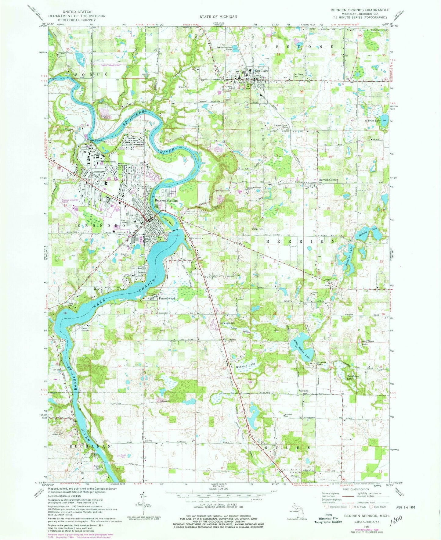 Classic USGS Berrien Springs Michigan 7.5'x7.5' Topo Map Image