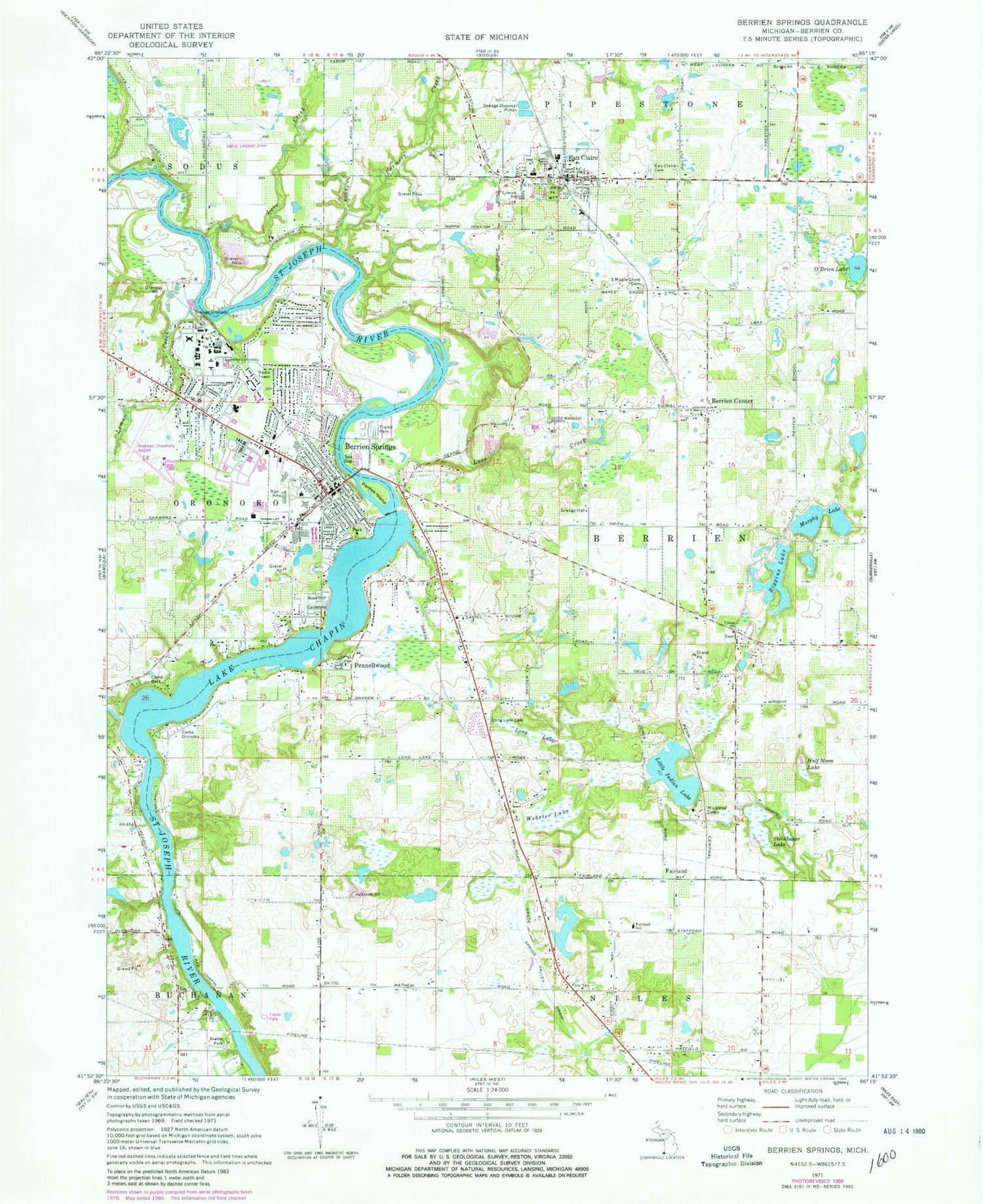 Classic USGS Berrien Springs Michigan 7.5'x7.5' Topo Map Image