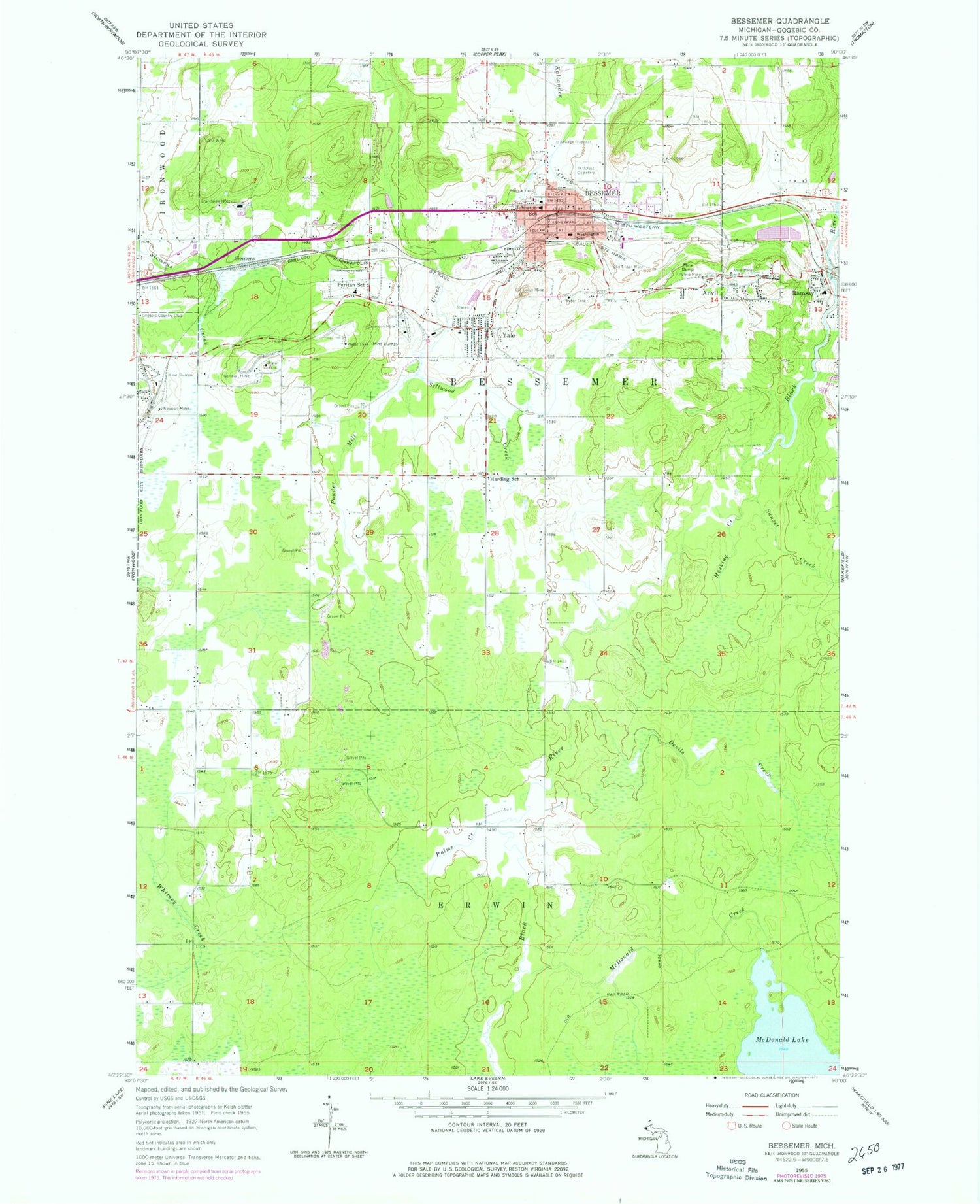 Classic USGS Bessemer Michigan 7.5'x7.5' Topo Map Image