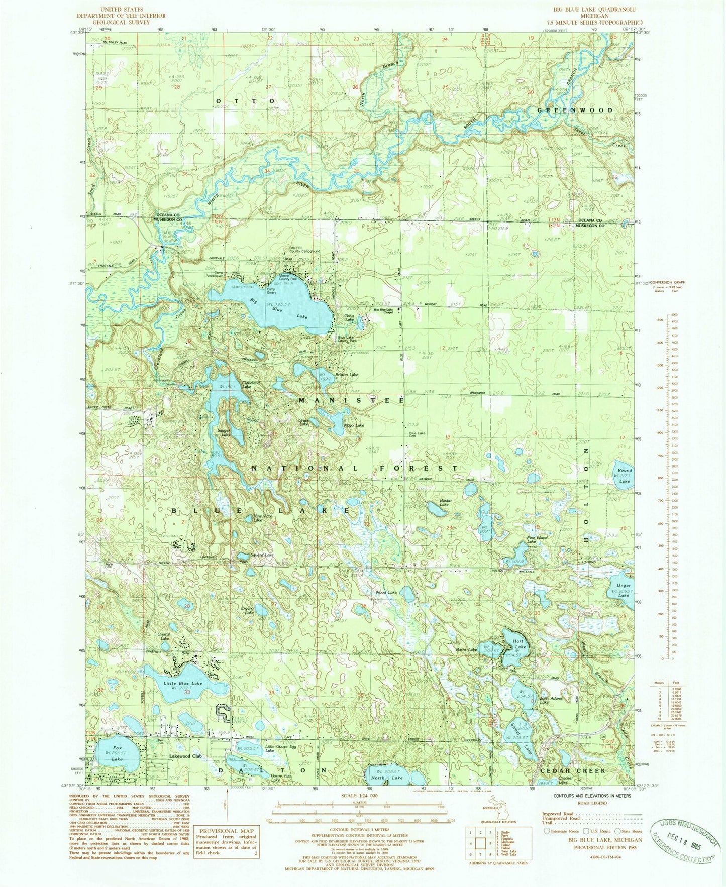 Classic USGS Big Blue Lake Michigan 7.5'x7.5' Topo Map Image