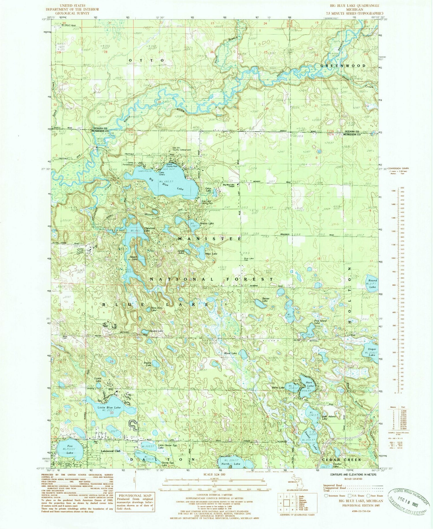 Classic USGS Big Blue Lake Michigan 7.5'x7.5' Topo Map Image