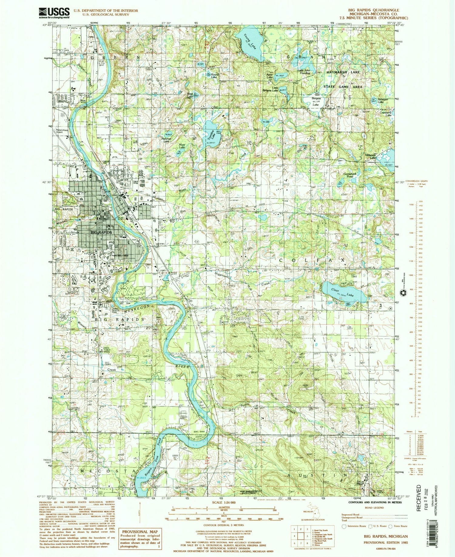 Classic USGS Big Rapids Michigan 7.5'x7.5' Topo Map Image