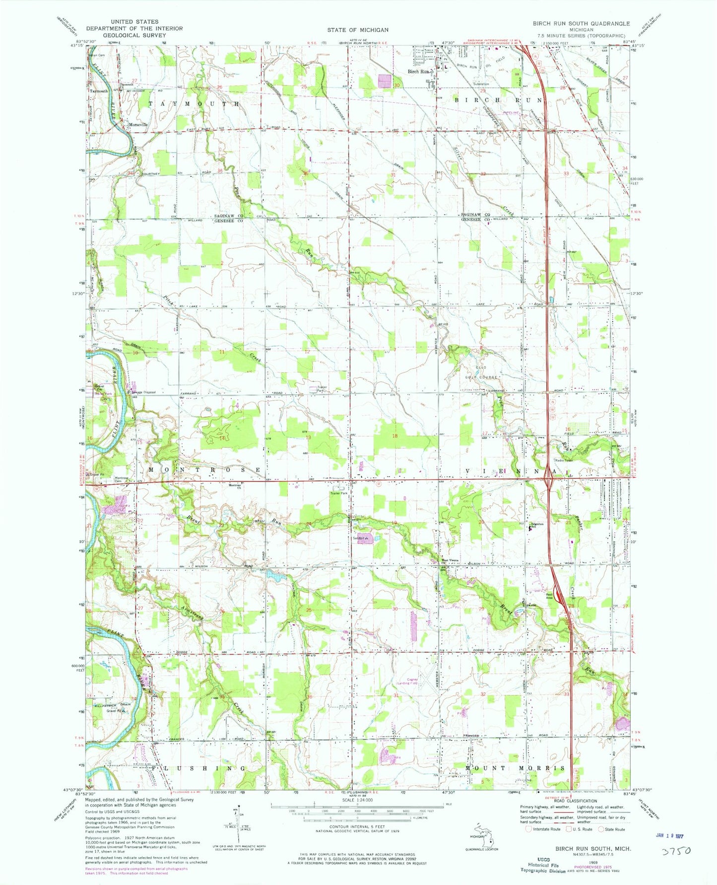 Classic USGS Birch Run South Michigan 7.5'x7.5' Topo Map Image