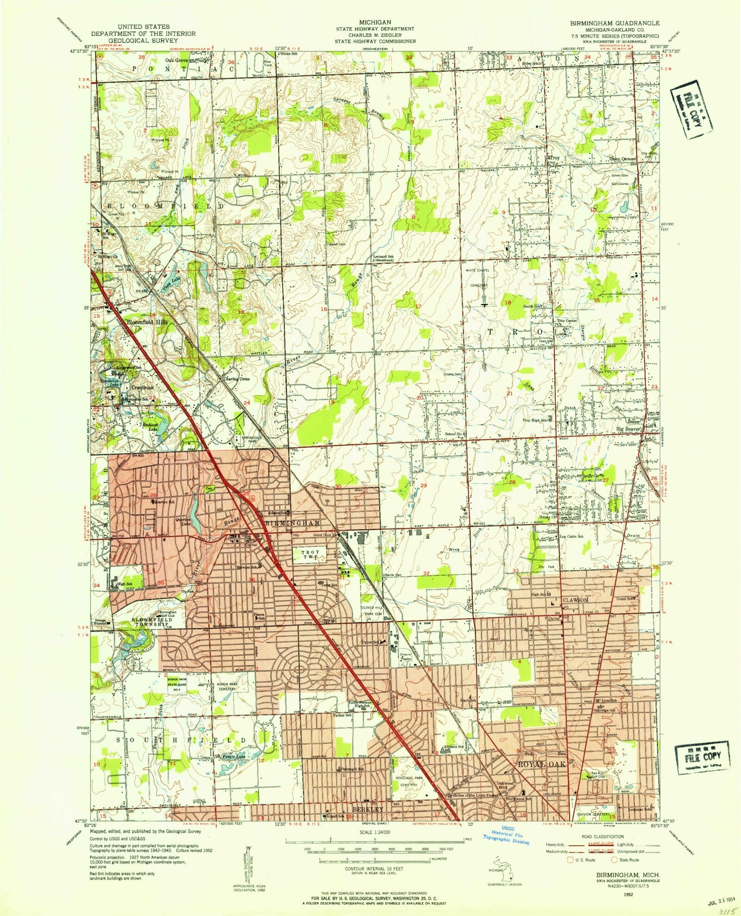 Classic USGS Birmingham Michigan 7.5'x7.5' Topo Map Image