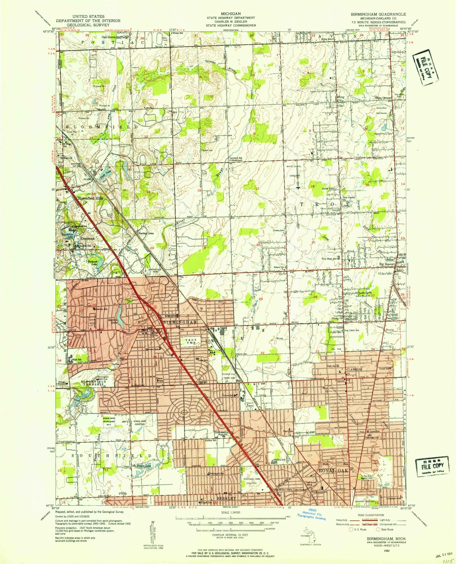 Classic USGS Birmingham Michigan 7.5'x7.5' Topo Map Image
