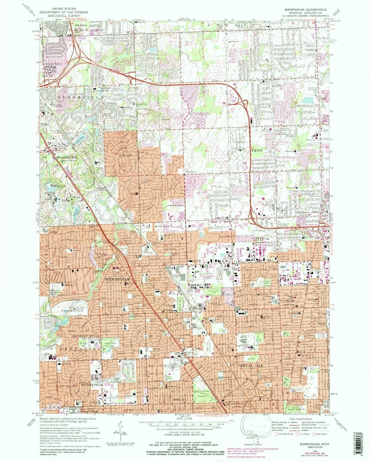 Classic USGS Birmingham Michigan 7.5'x7.5' Topo Map Image