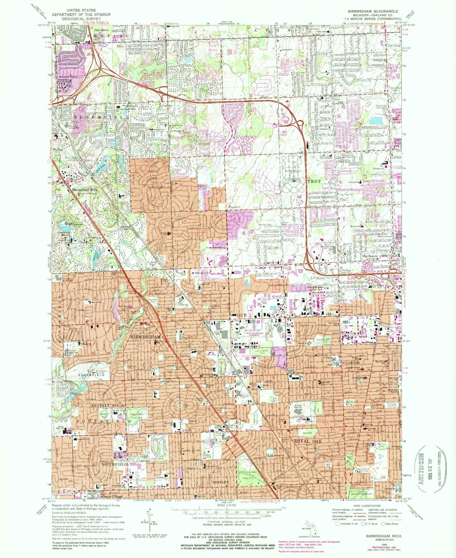 Classic USGS Birmingham Michigan 7.5'x7.5' Topo Map Image