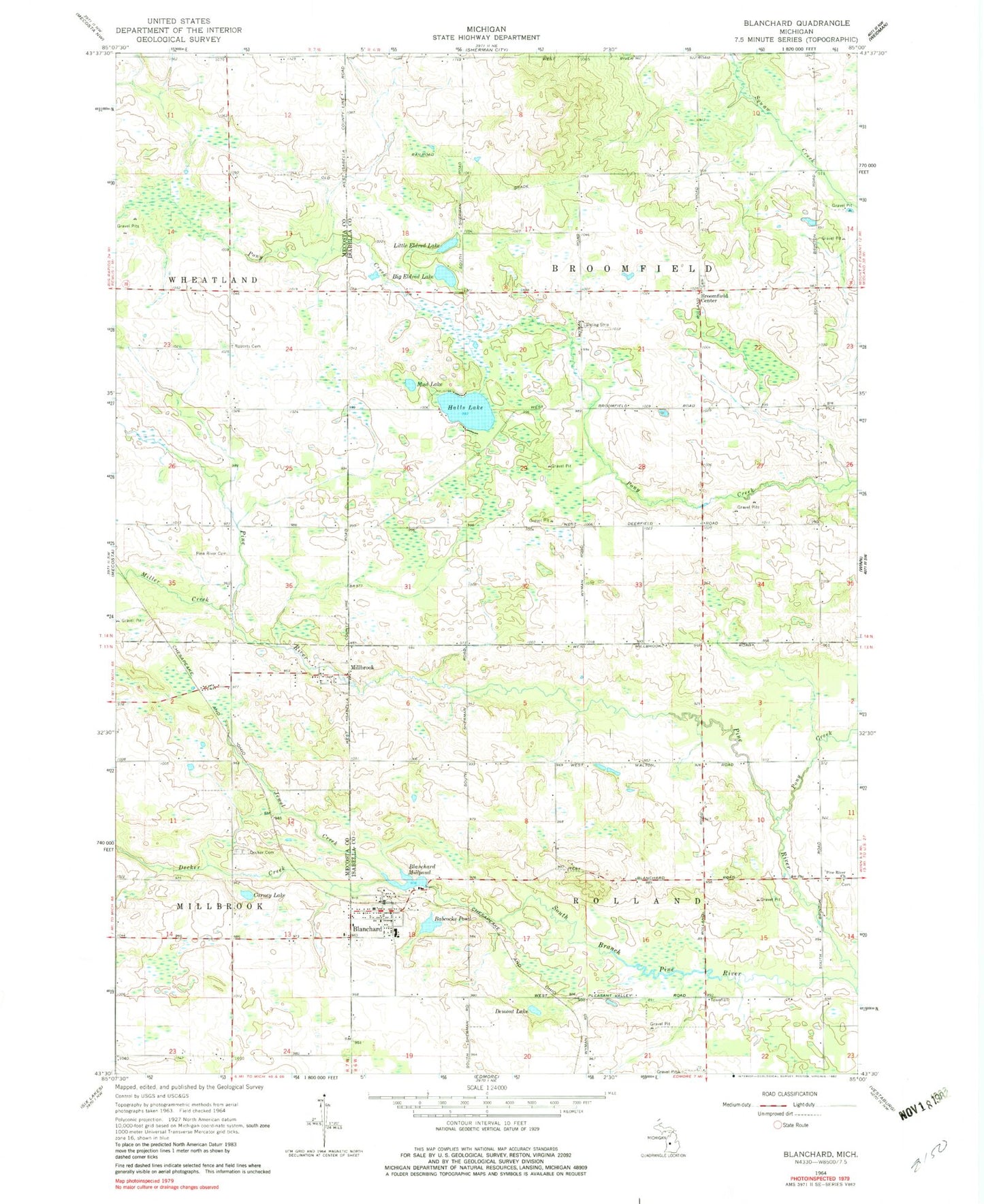 Classic USGS Blanchard Michigan 7.5'x7.5' Topo Map Image